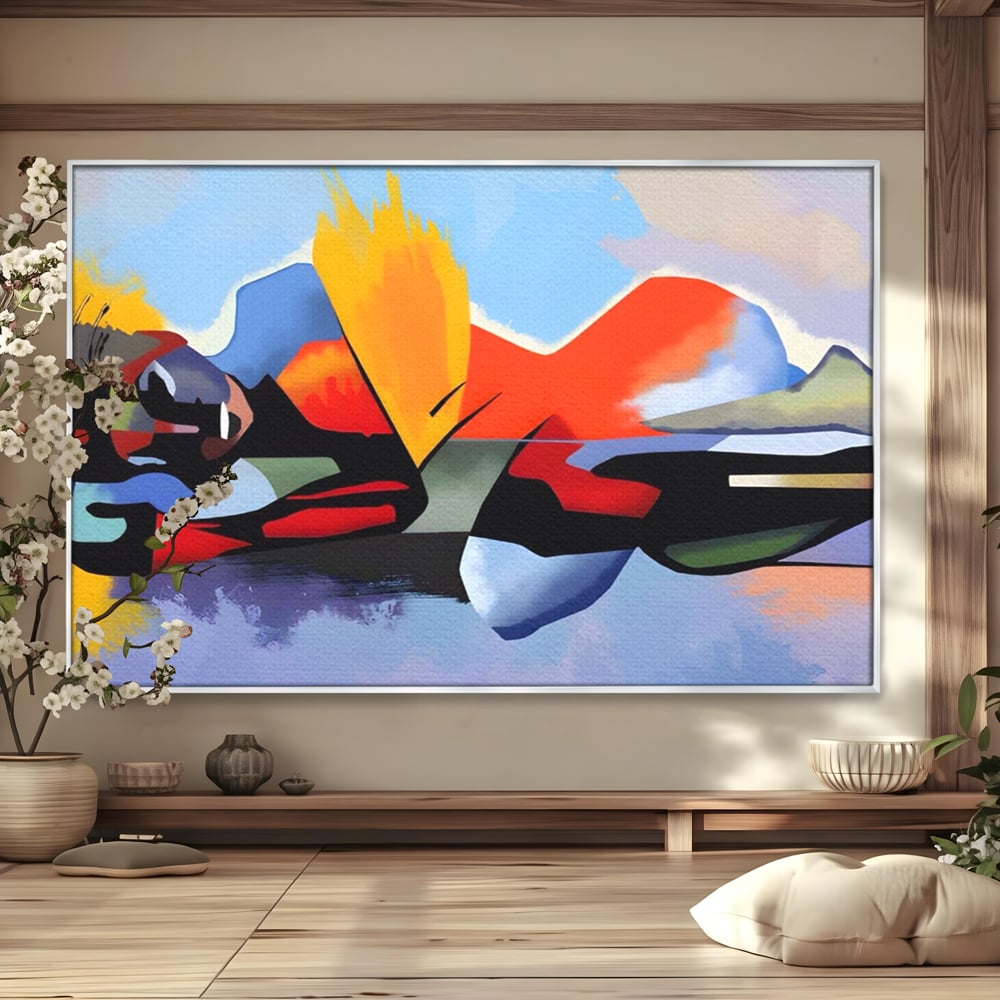 Tablou canvas cu tablou canvas cu silueta abstracta, in rama de aluminiu argintiu